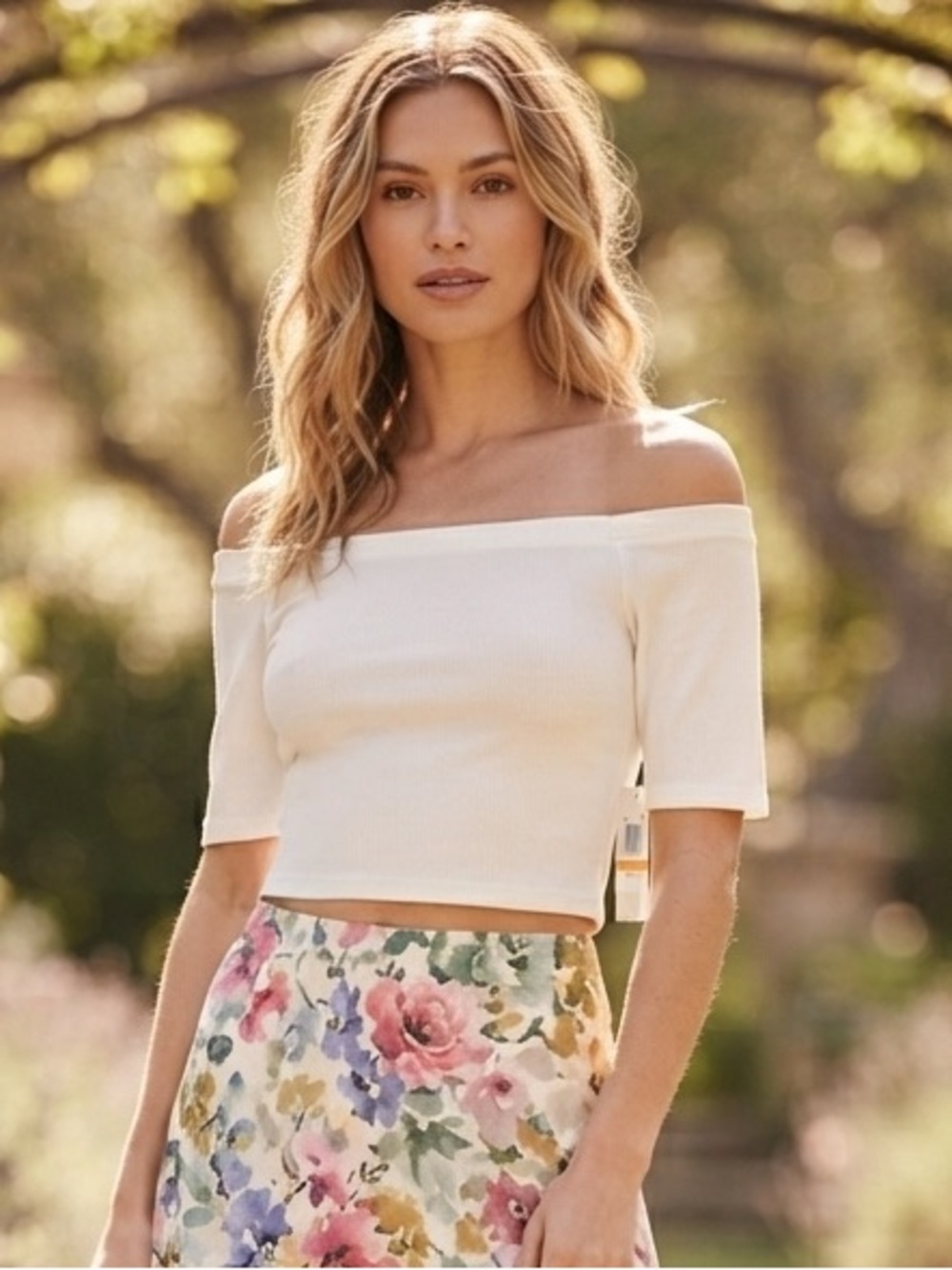 Good American Off-Shoulder Ribbed Crop Top - Cream